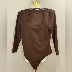 Free People Brown Bodysuit Square Neck 3/4 Sleeve Fitted Stretch Top Large